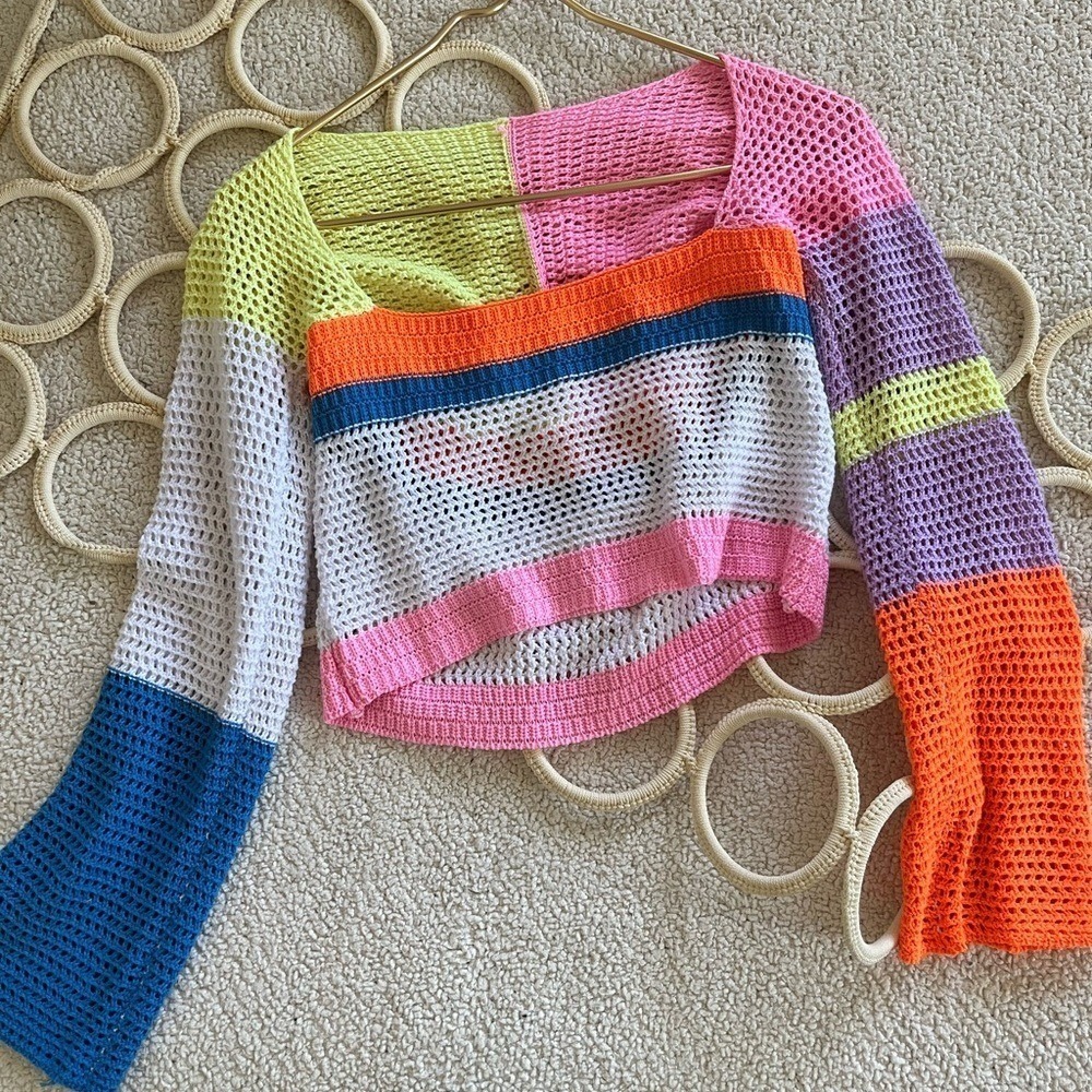 Multicolor Crochet Knit Colorblock Crop Top Square Neck Long Sleeve Small - Picture 6 of 9